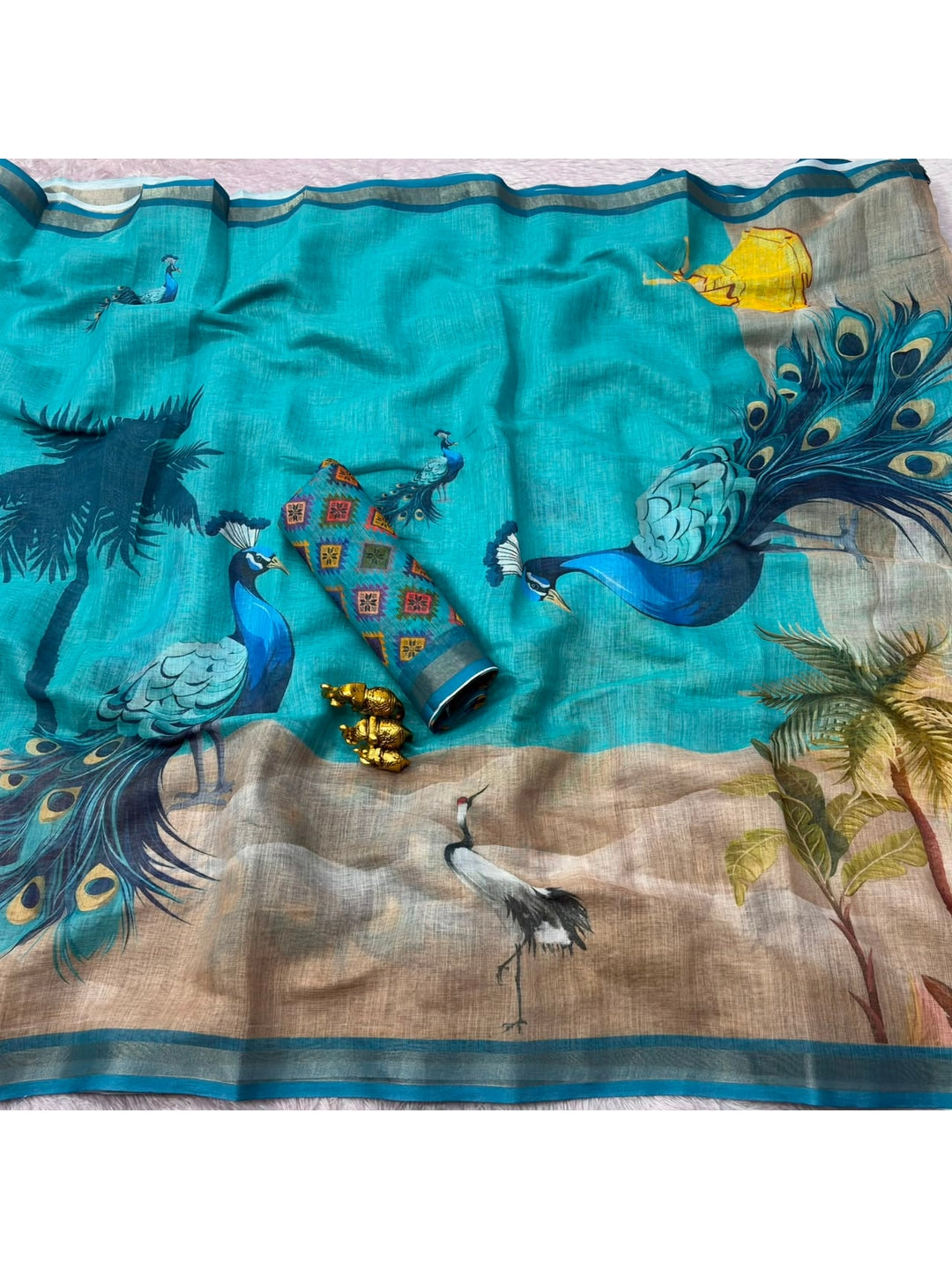 Peachmode Rama Blue Peacock Printed Linen Saree - Image 4