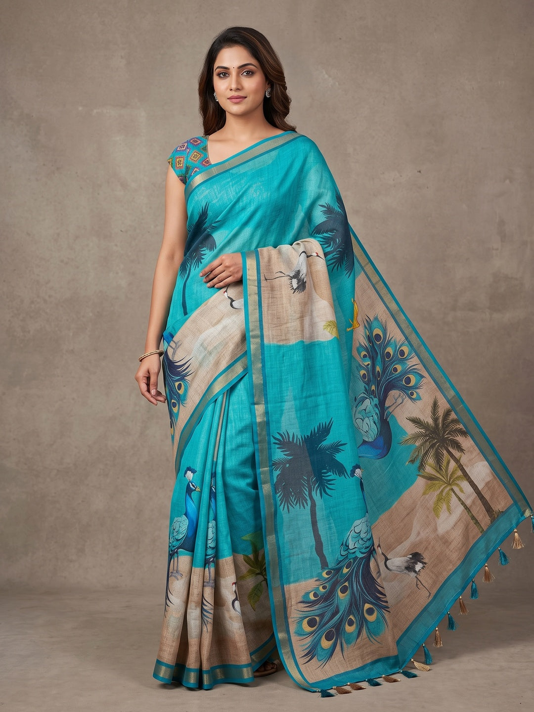 Peachmode Rama Blue Peacock Printed Linen Saree - Image 1
