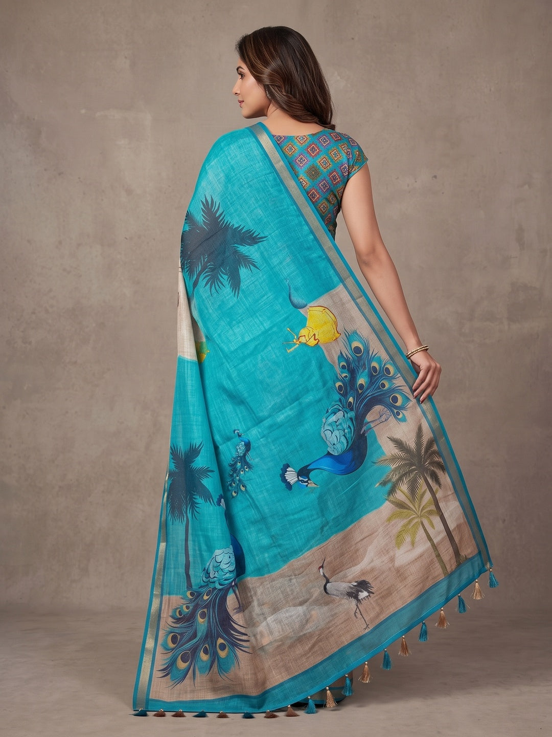 Peachmode Rama Blue Peacock Printed Linen Saree - Image 5