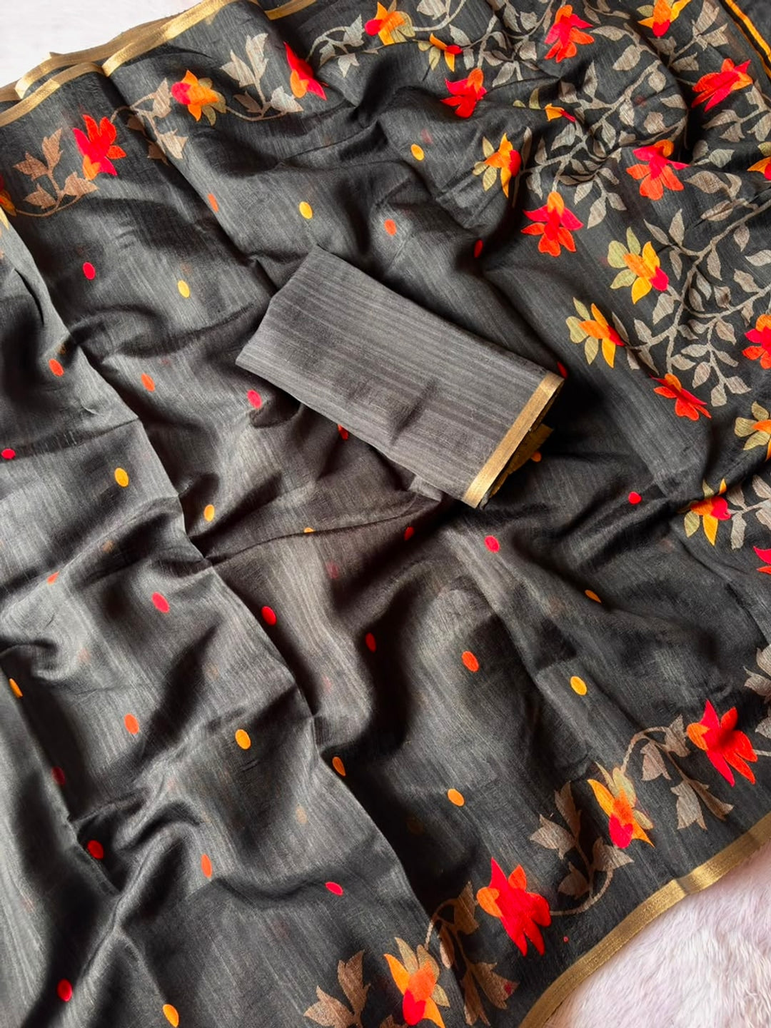 Peachmode Black Woven Floral Cotton Silk Saree - Image 2