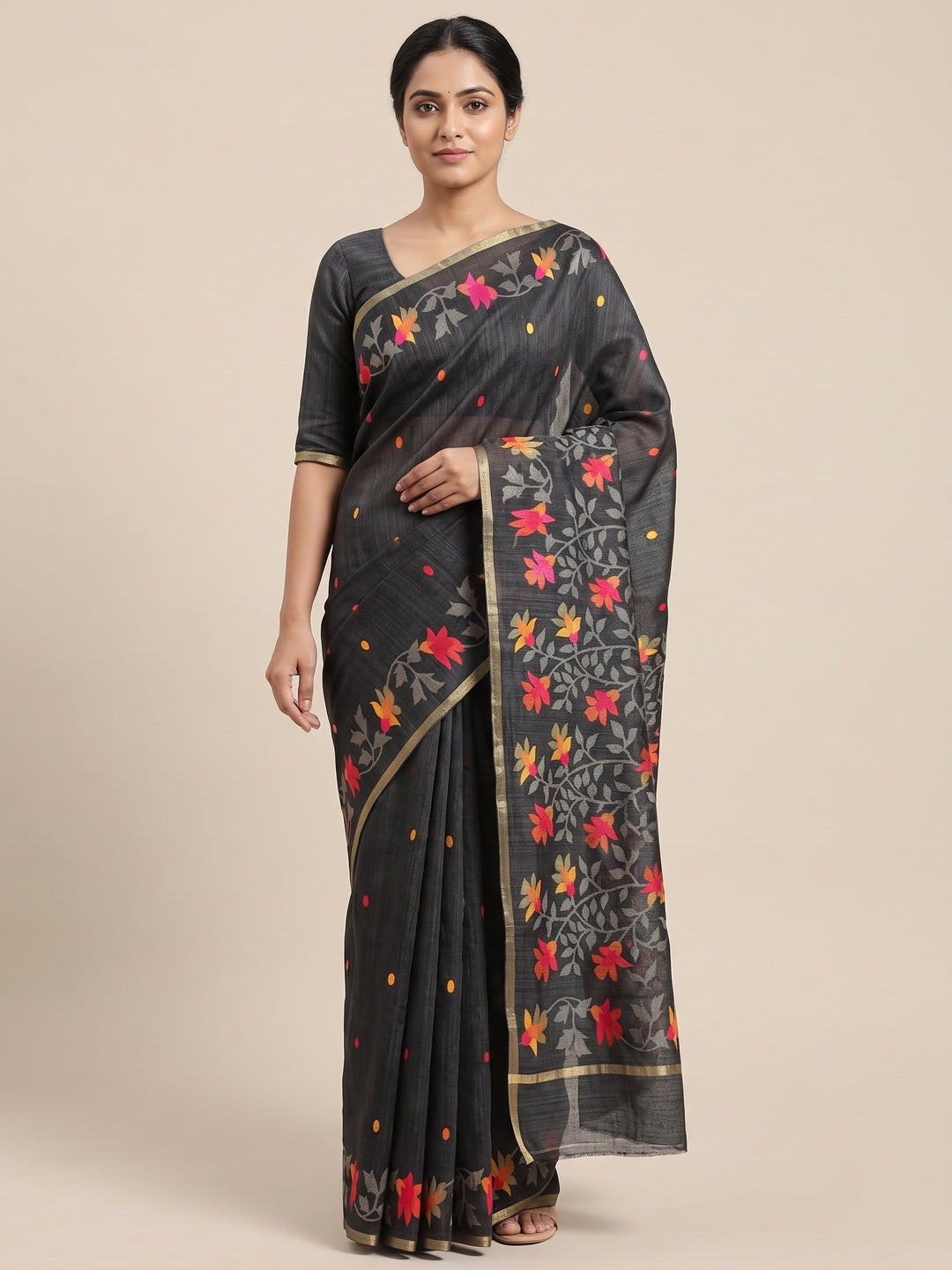 Peachmode Black Woven Floral Cotton Silk Saree - Image 1