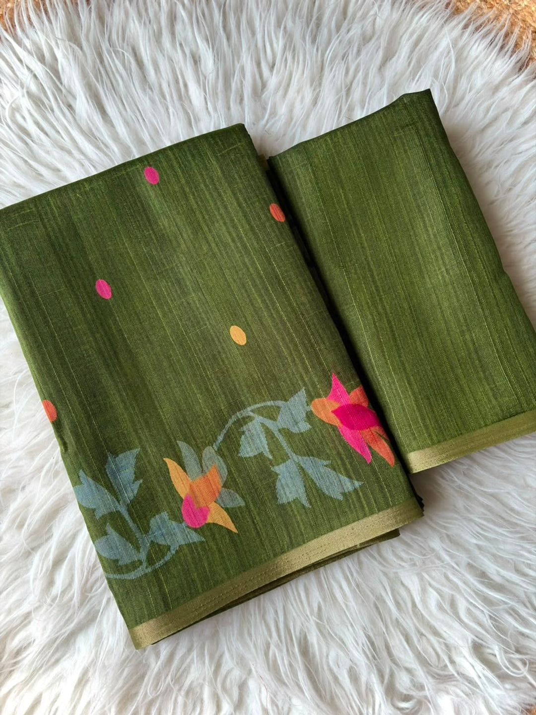Peachmode Olive Woven Floral Cotton Silk Saree - Image 2