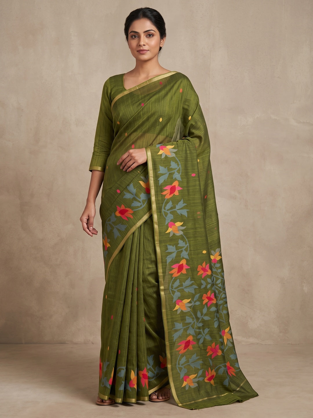 Peachmode Olive Woven Floral Cotton Silk Saree - Image 1