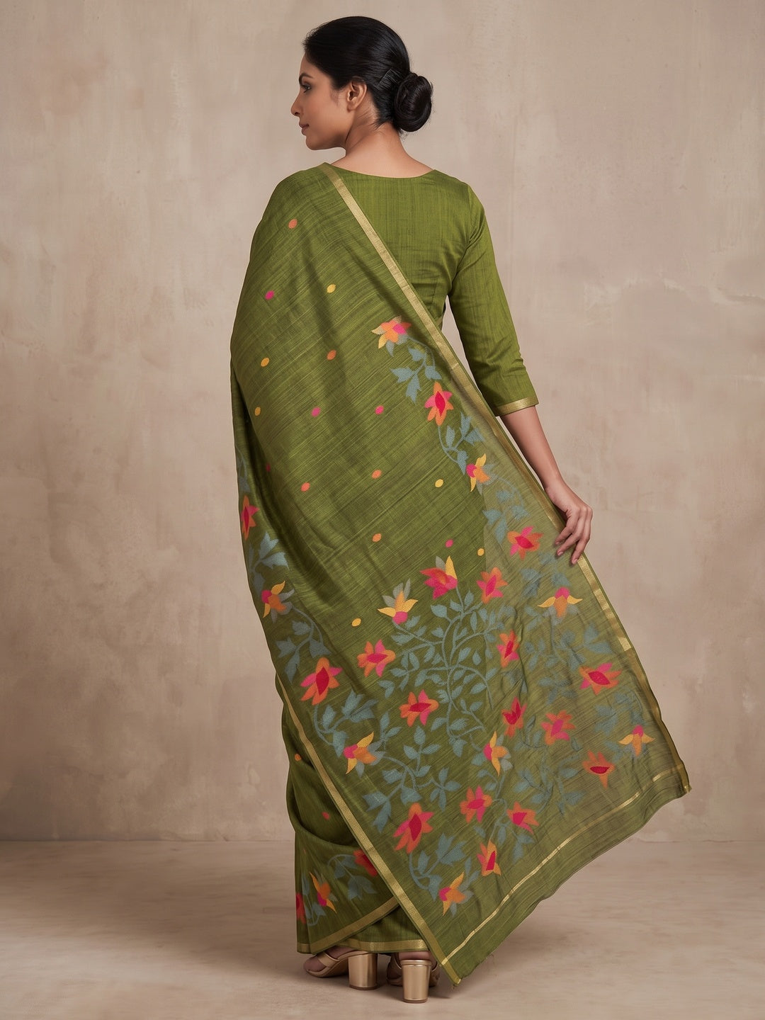 Peachmode Olive Woven Floral Cotton Silk Saree - Image 5
