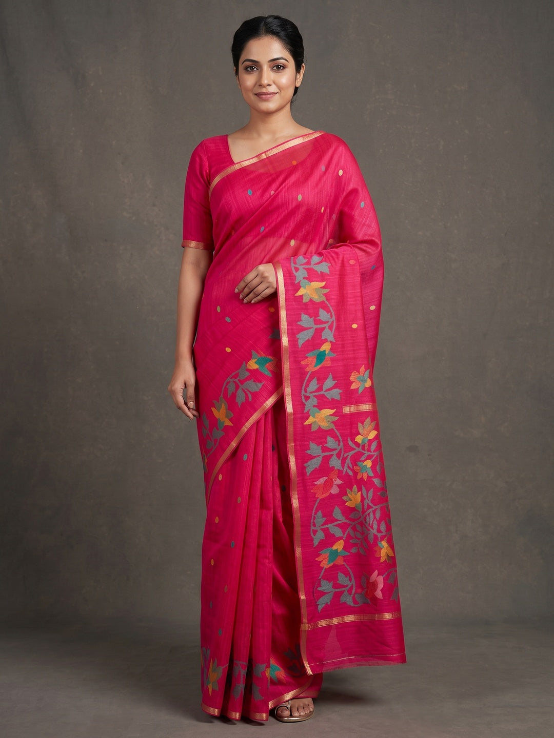 Peachmode Pink Woven Floral Cotton Silk Saree - Image 1