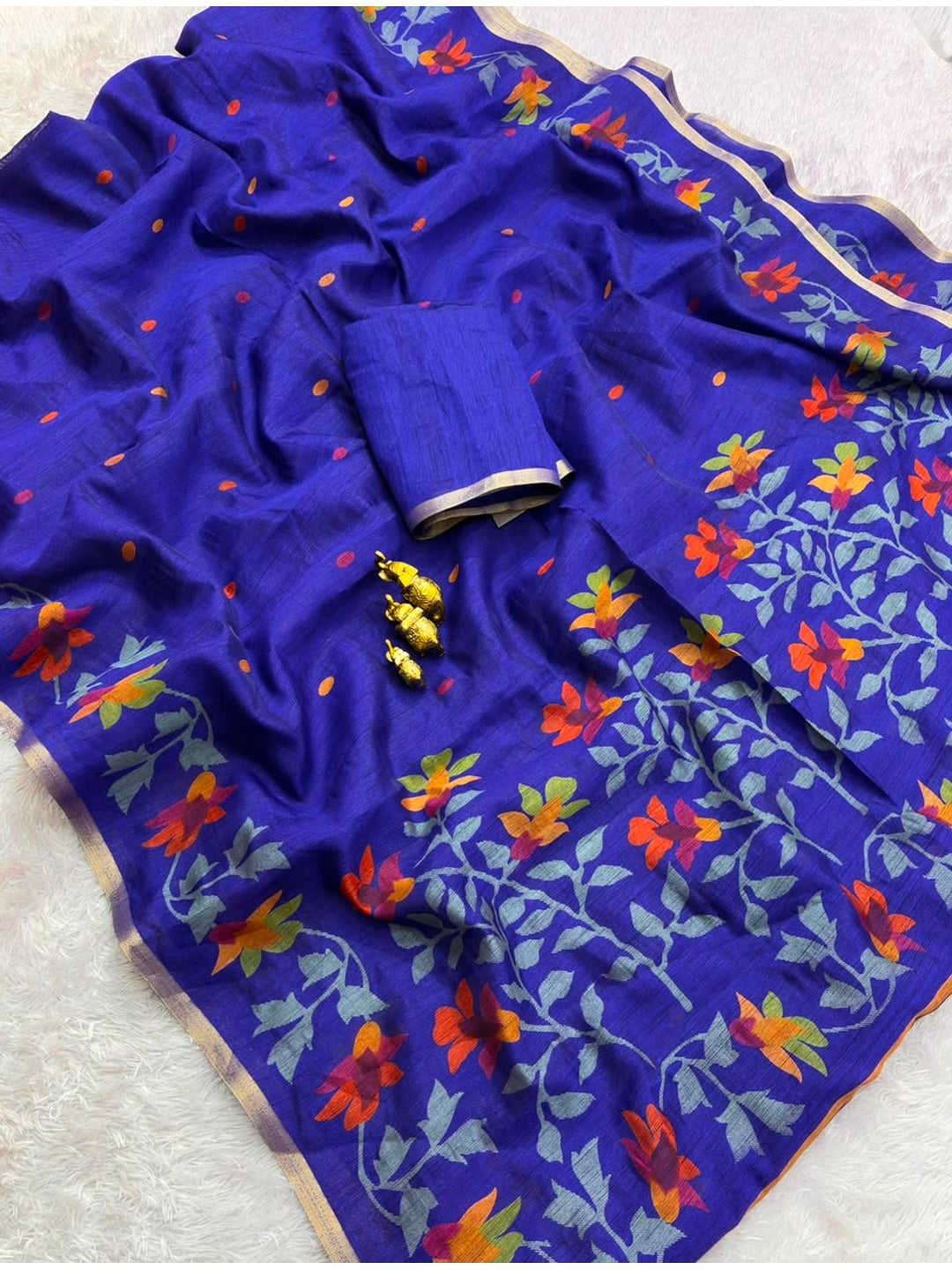 Peachmode Blue Woven Floral Cotton Silk Saree - Image 2