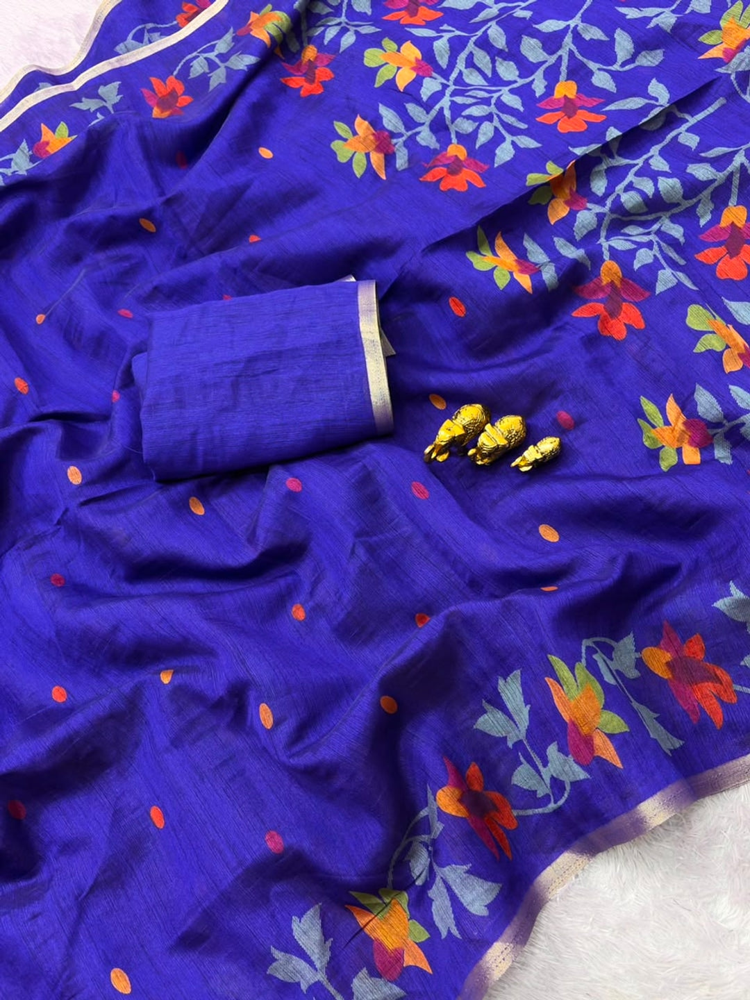 Peachmode Blue Woven Floral Cotton Silk Saree - Image 3