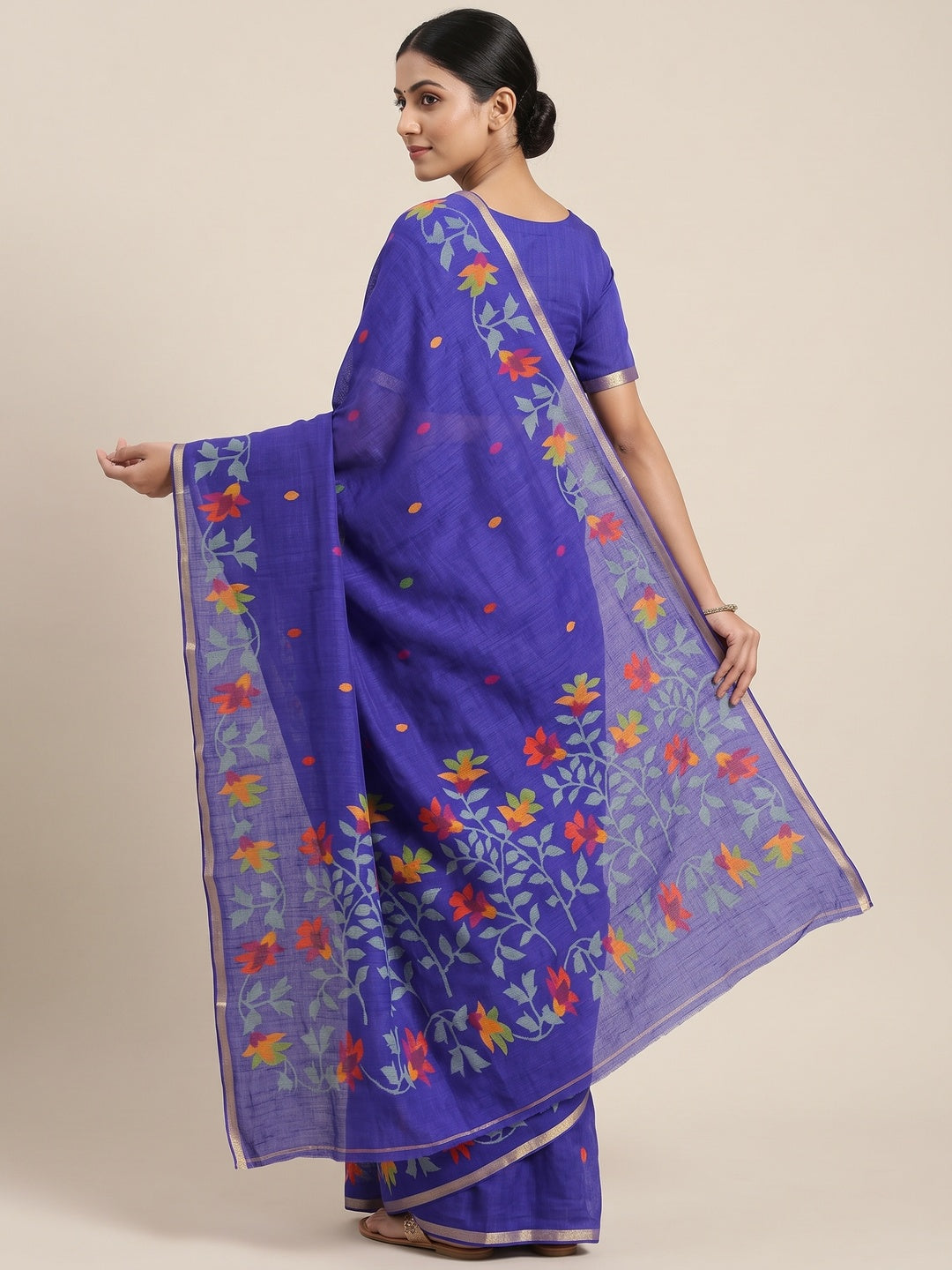 Peachmode Blue Woven Floral Cotton Silk Saree - Image 5