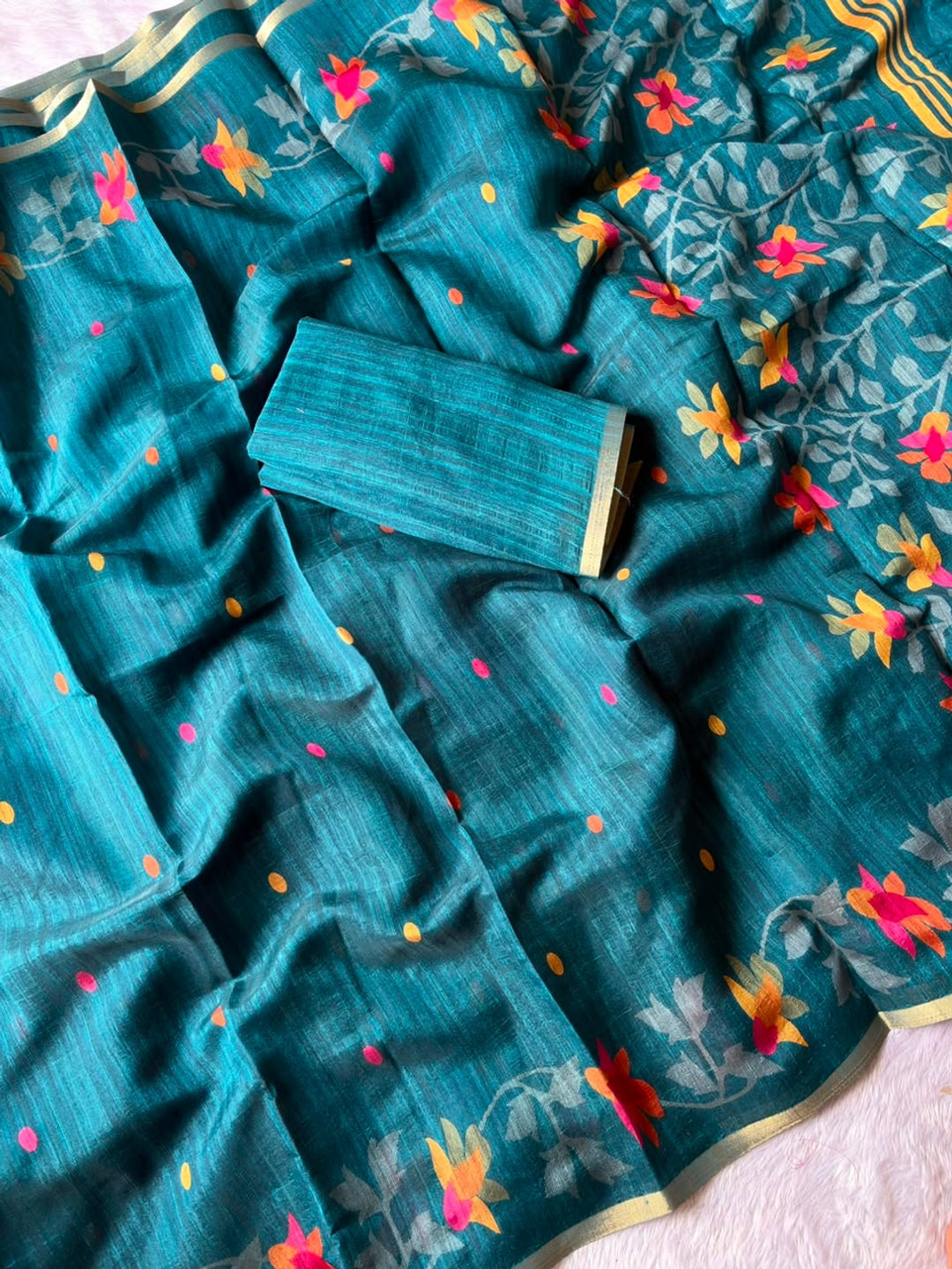 Peachmode Turquoise Woven Floral Cotton Silk Saree - Image 2