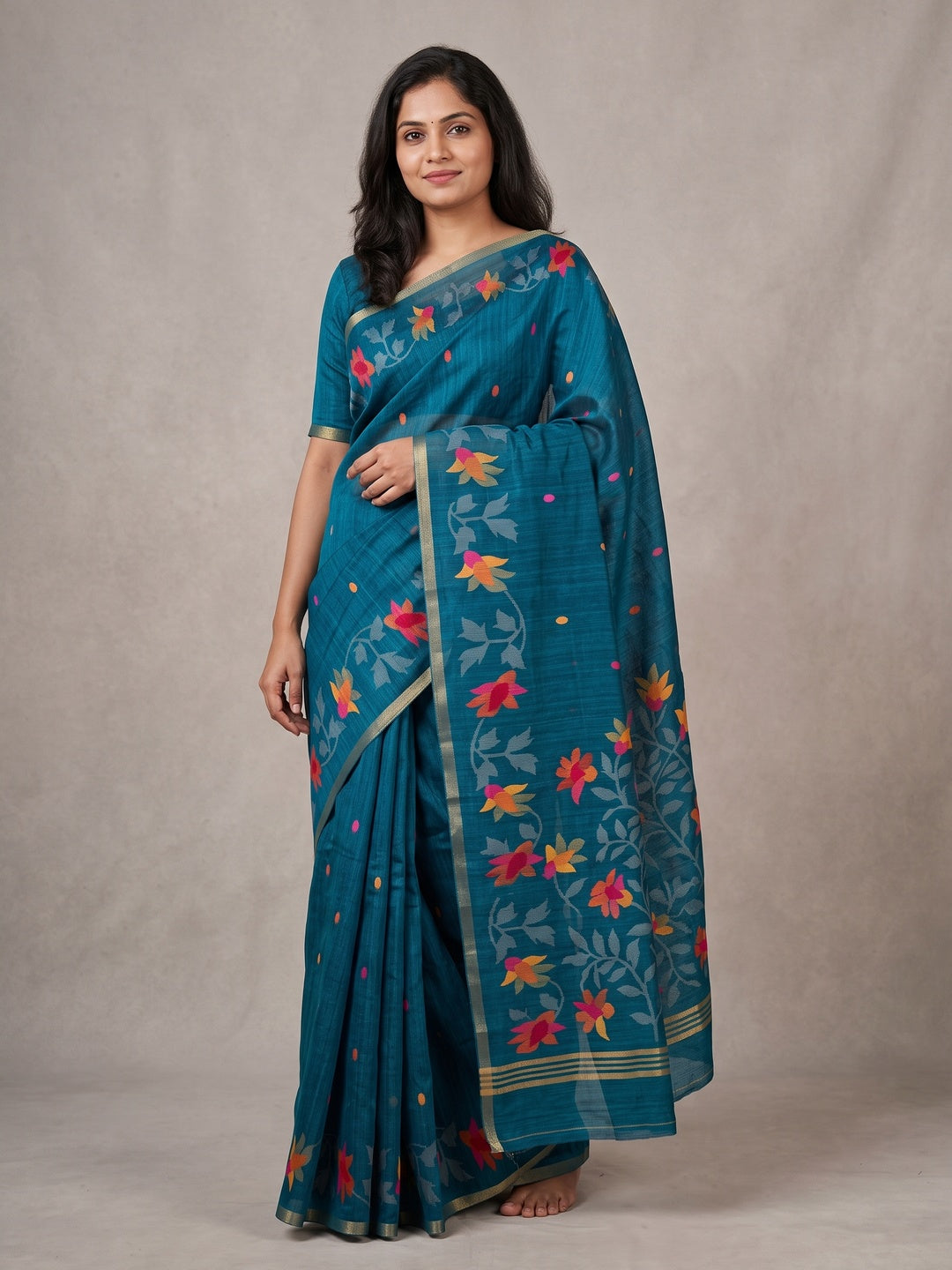 Peachmode Turquoise Woven Floral Cotton Silk Saree - Image 1