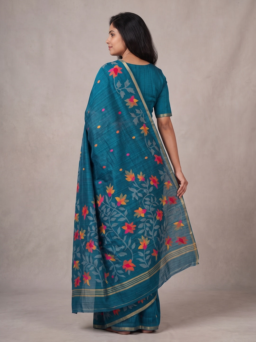 Peachmode Turquoise Woven Floral Cotton Silk Saree - Image 5