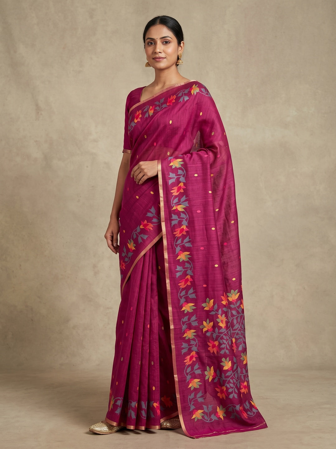 Peachmode Wine Woven Floral Cotton Silk Saree - Image 1