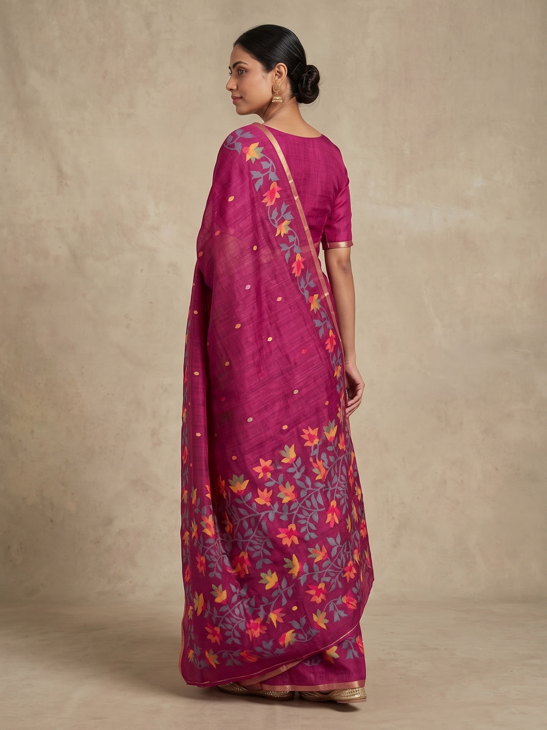 Peachmode Wine Woven Floral Cotton Silk Saree - Image 5