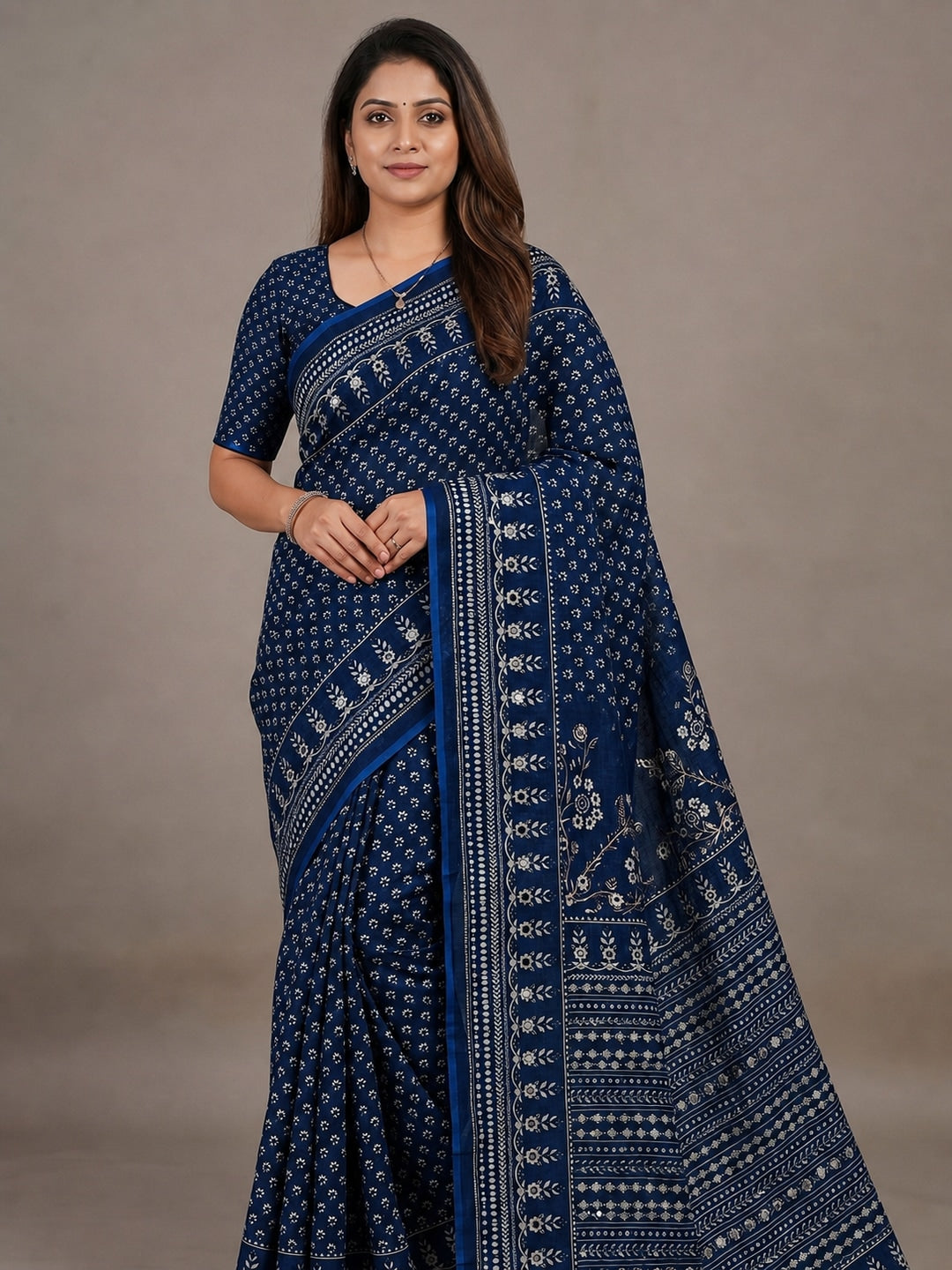 Peachmode Navy Blue Digital Printed Mirror Work Linen Saree - Image 1