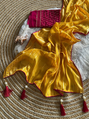 Peachmode Mustard Gold Striped Viscose Jacquard Saree With Magenta Embroidered Blouse - Image 2