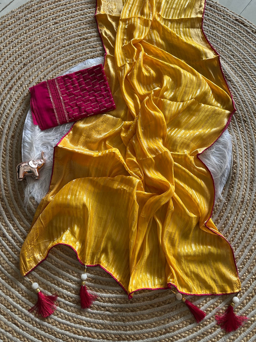 Peachmode Mustard Gold Striped Viscose Jacquard Saree With Magenta Embroidered Blouse - Image 3
