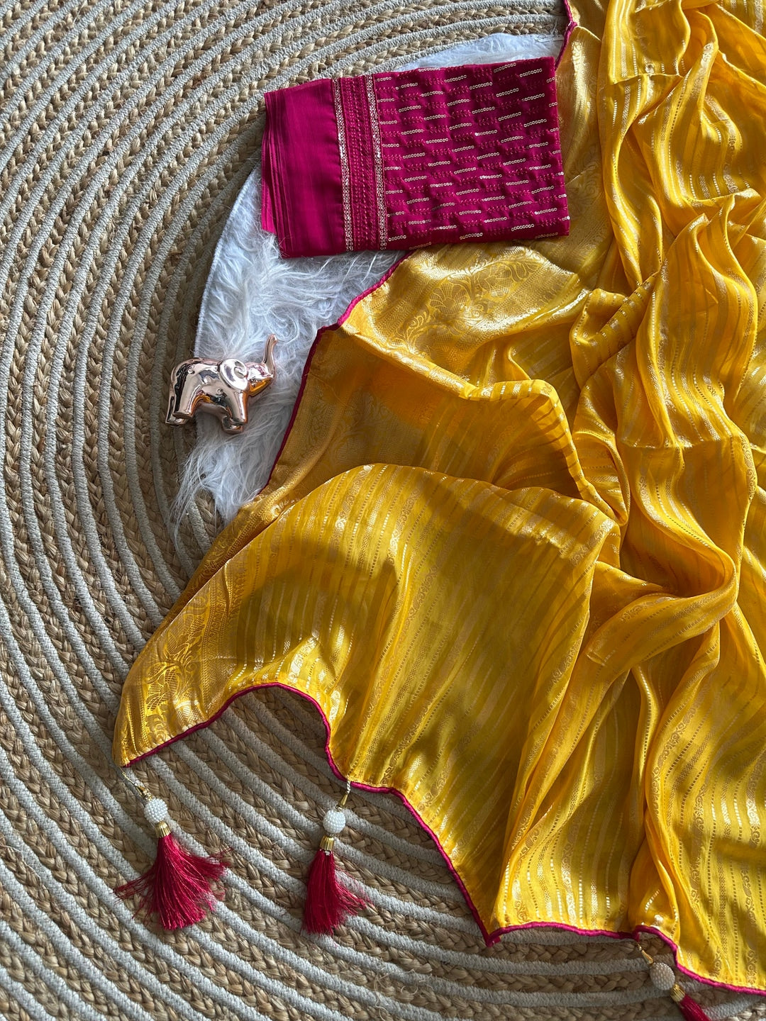 Peachmode Mustard Gold Striped Viscose Jacquard Saree With Magenta Embroidered Blouse - Image 4