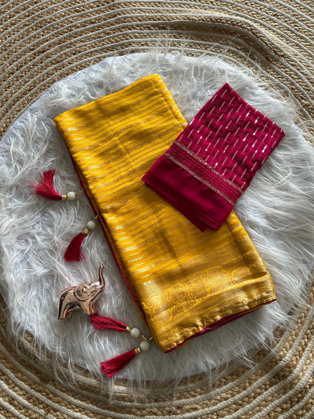 Peachmode Mustard Gold Striped Viscose Jacquard Saree With Magenta Embroidered Blouse - Image 5