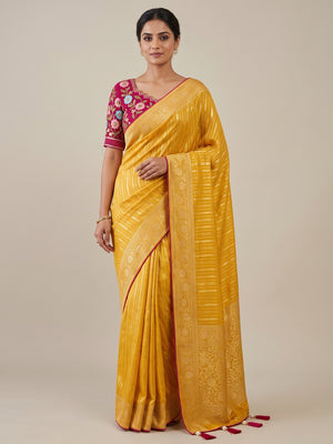 Peachmode Mustard Gold Striped Viscose Jacquard Saree With Magenta Embroidered Blouse - Image 1