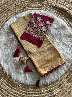 Peachmode Champagne Gold Striped Viscose Jacquard Saree With Magenta Embroidered Blouse - Image 2