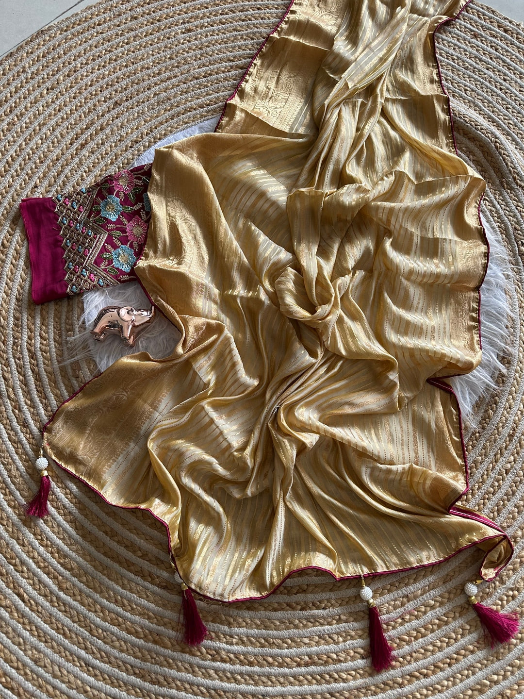 Peachmode Champagne Gold Striped Viscose Jacquard Saree With Magenta Embroidered Blouse - Image 3