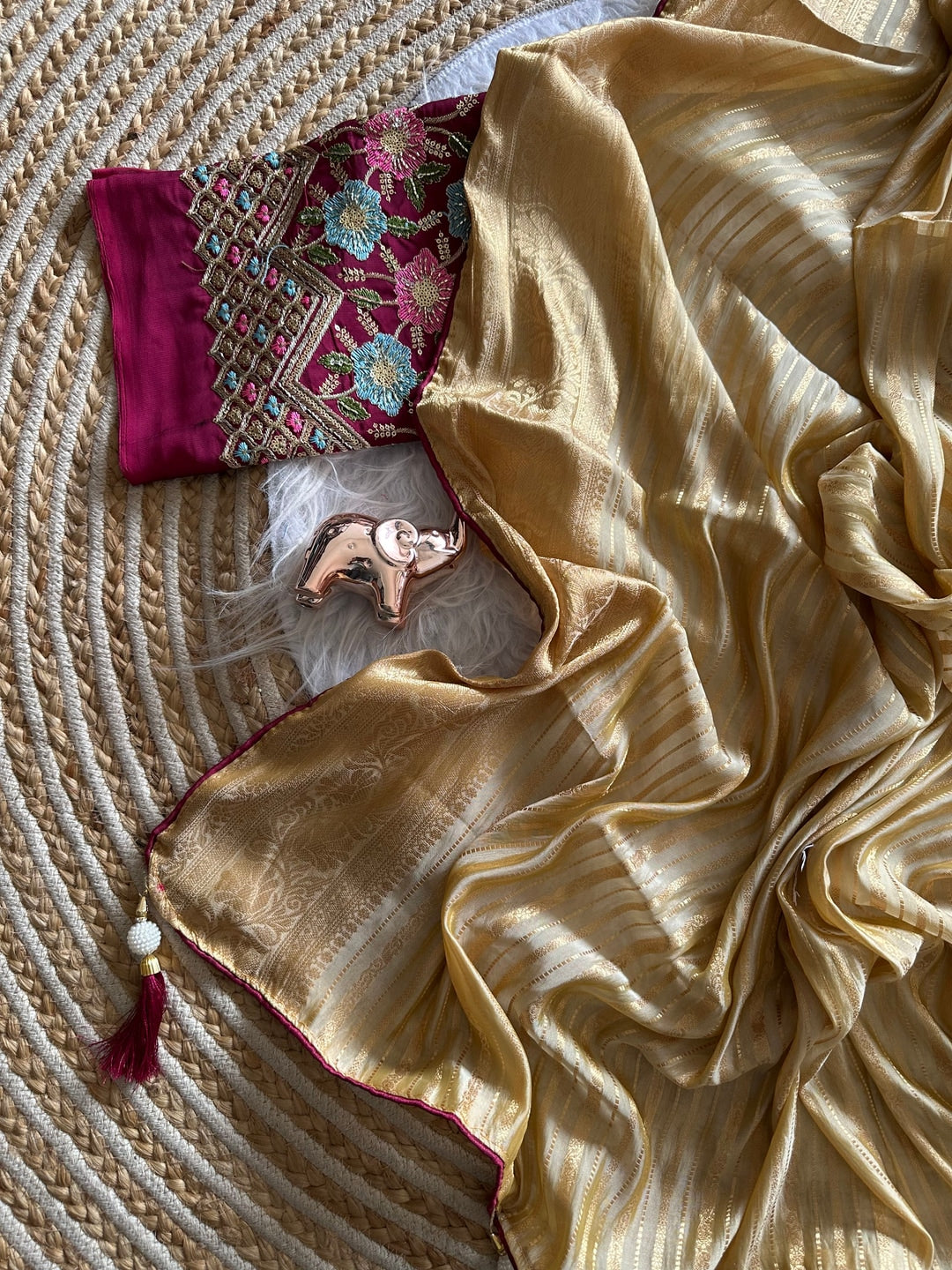 Peachmode Champagne Gold Striped Viscose Jacquard Saree With Magenta Embroidered Blouse - Image 4