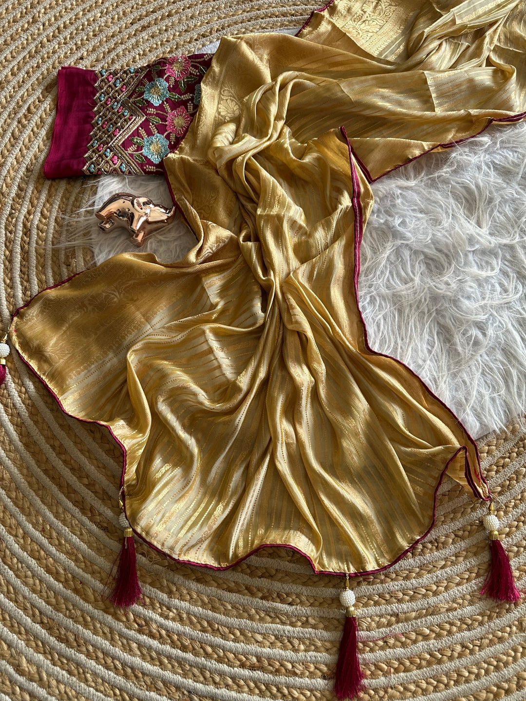 Peachmode Champagne Gold Striped Viscose Jacquard Saree With Magenta Embroidered Blouse - Image 5
