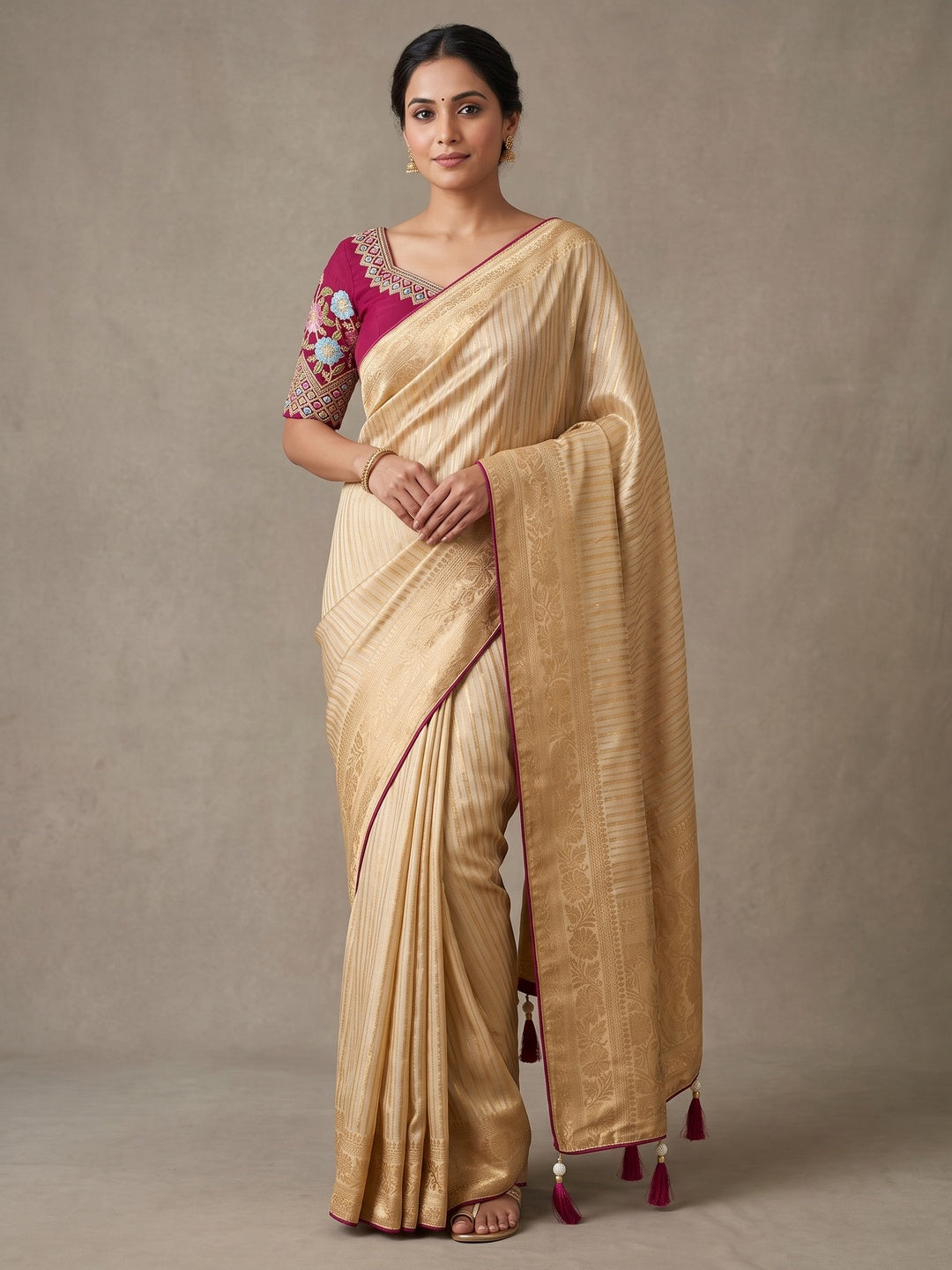 Peachmode Champagne Gold Striped Viscose Jacquard Saree With Magenta Embroidered Blouse - Image 1