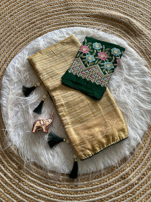 Peachmode Champagne Gold Striped Viscose Jacquard Saree With Green Embroidered Blouse - Image 2
