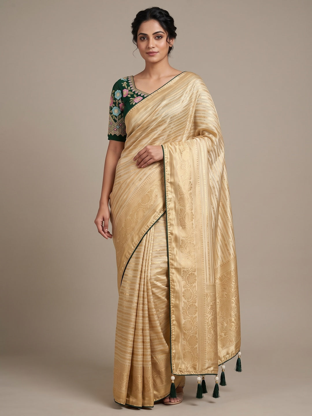 Peachmode Champagne Gold Striped Viscose Jacquard Saree With Green Embroidered Blouse - Image 1