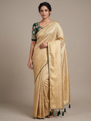 Peachmode Champagne Gold Striped Viscose Jacquard Saree With Green Embroidered Blouse - Image 1