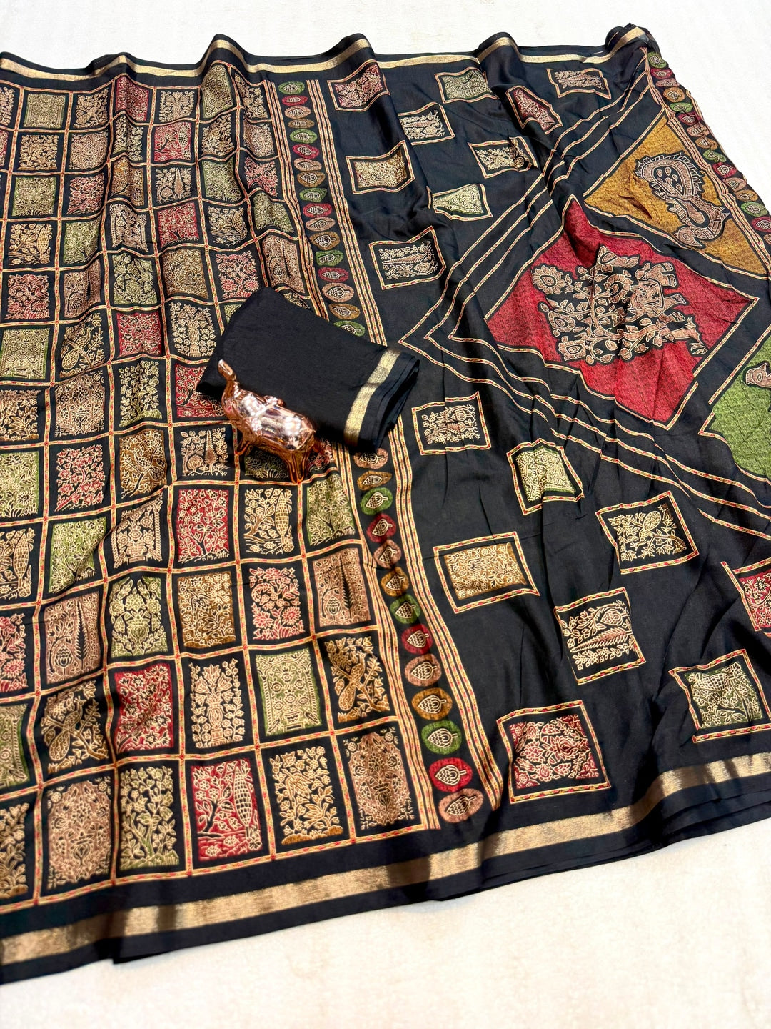 Peachmode Black Heritage Patchwork Printed Tussar Silk Saree With Zari Border - Image 2