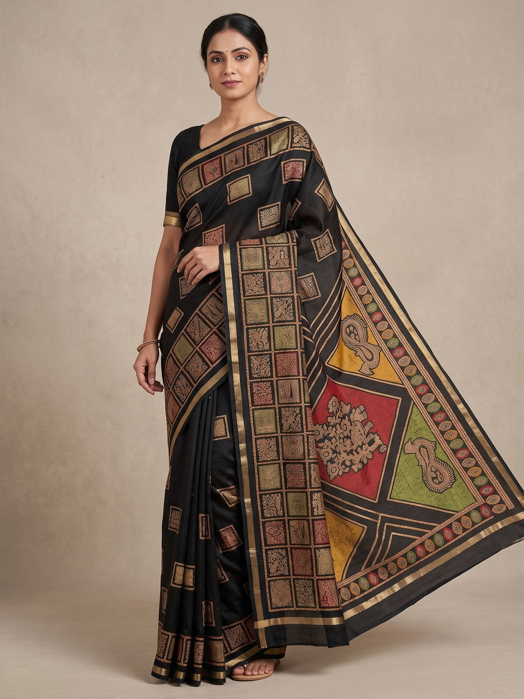 Peachmode Black Heritage Patchwork Printed Tussar Silk Saree With Zari Border - Image 1