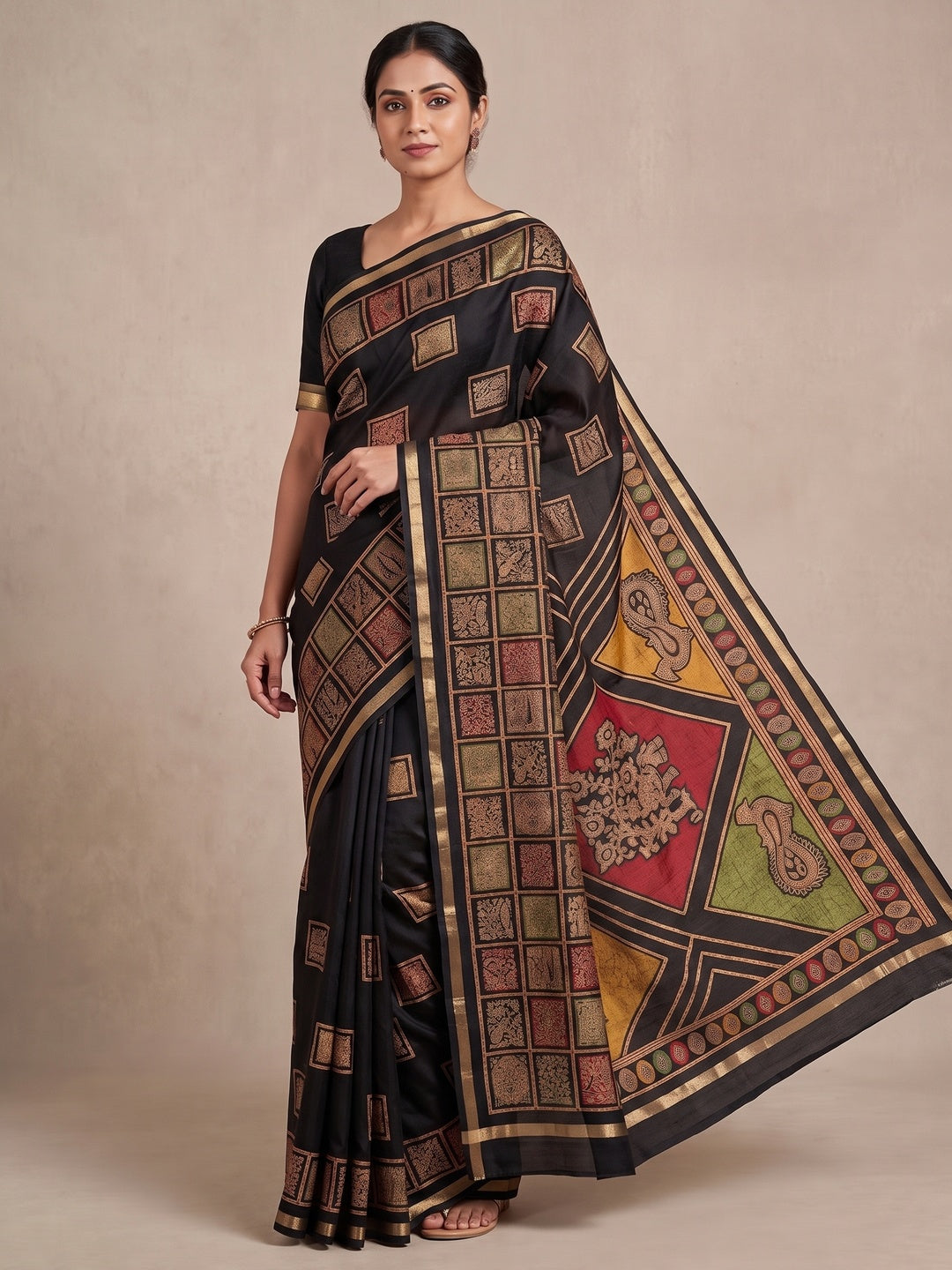 Peachmode Black Heritage Patchwork Printed Tussar Silk Saree With Zari Border - Image 4