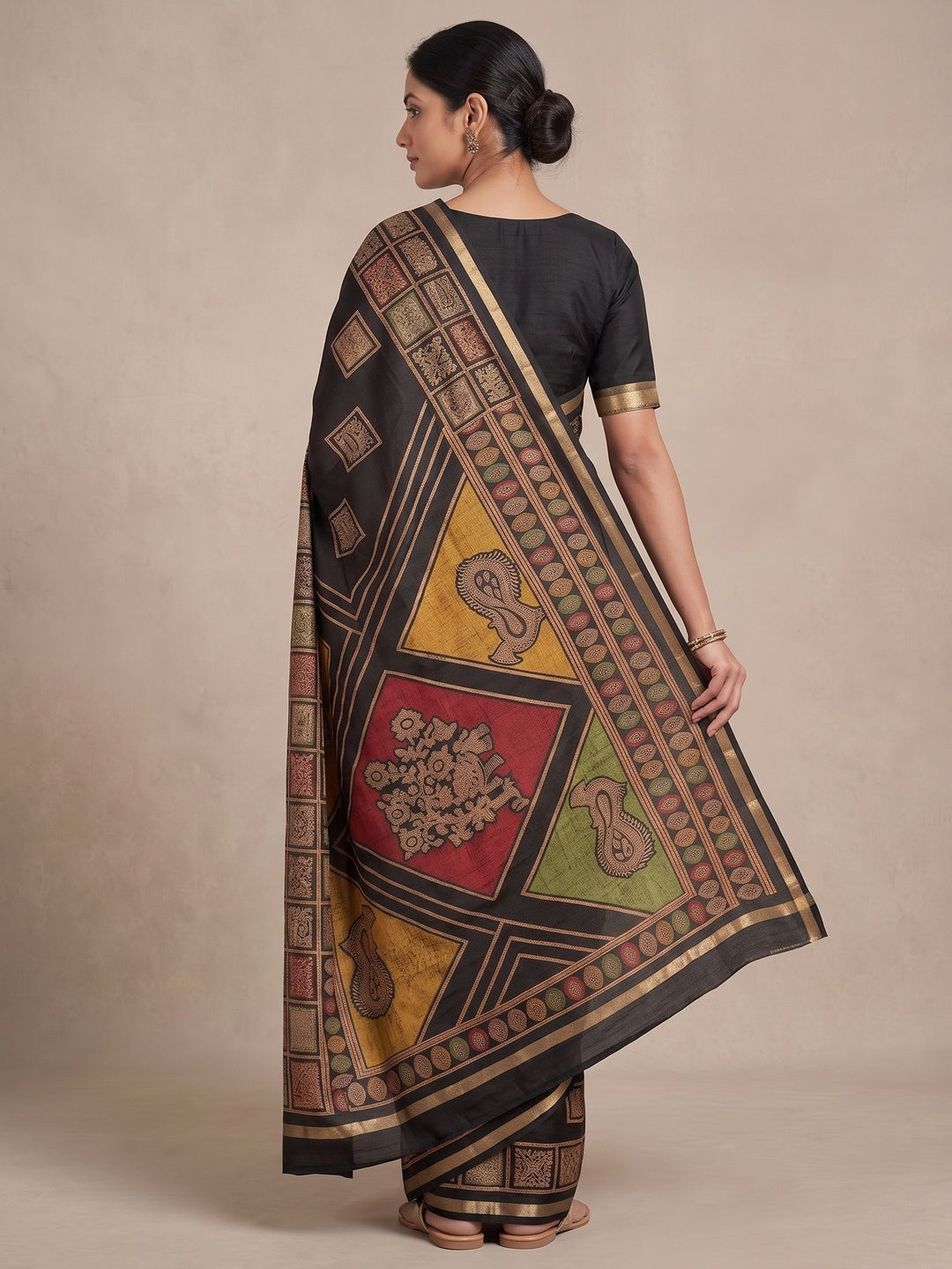 Peachmode Black Heritage Patchwork Printed Tussar Silk Saree With Zari Border - Image 5