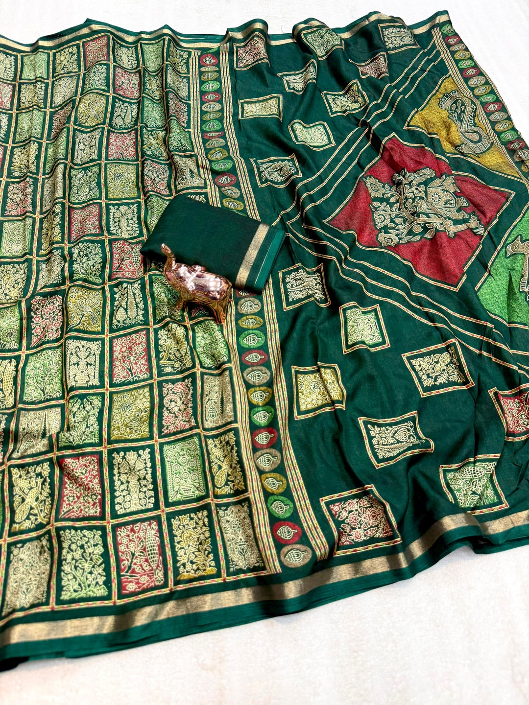 Peachmode Green Heritage Patchwork Printed Tussar Silk Saree With Zari Border - Image 2