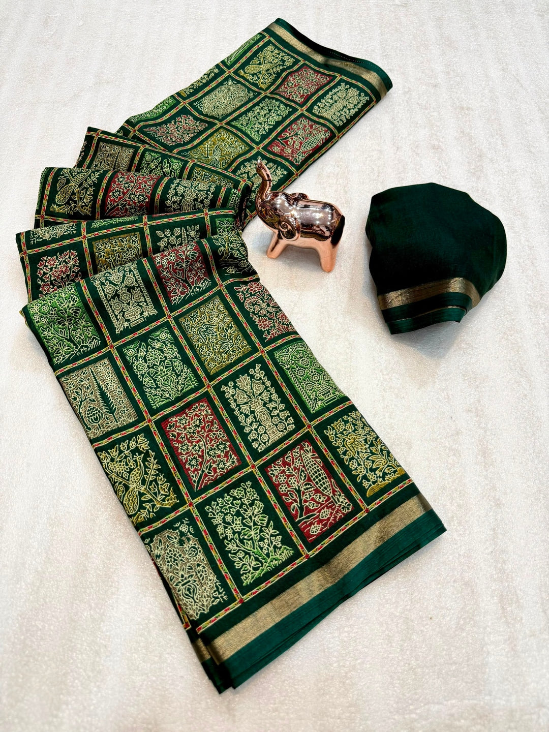 Peachmode Green Heritage Patchwork Printed Tussar Silk Saree With Zari Border - Image 3
