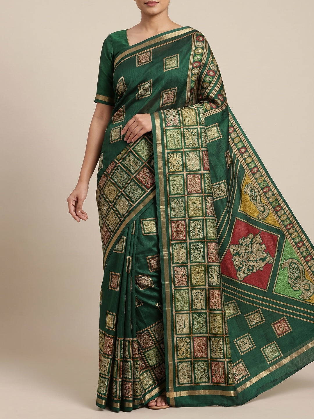 Peachmode Green Heritage Patchwork Printed Tussar Silk Saree With Zari Border - Image 1