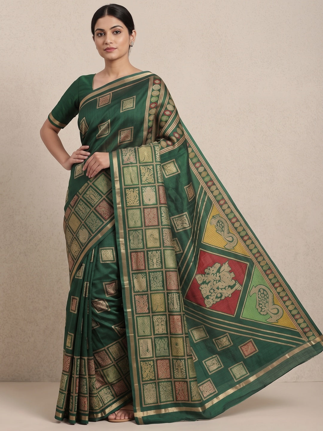 Peachmode Green Heritage Patchwork Printed Tussar Silk Saree With Zari Border - Image 4