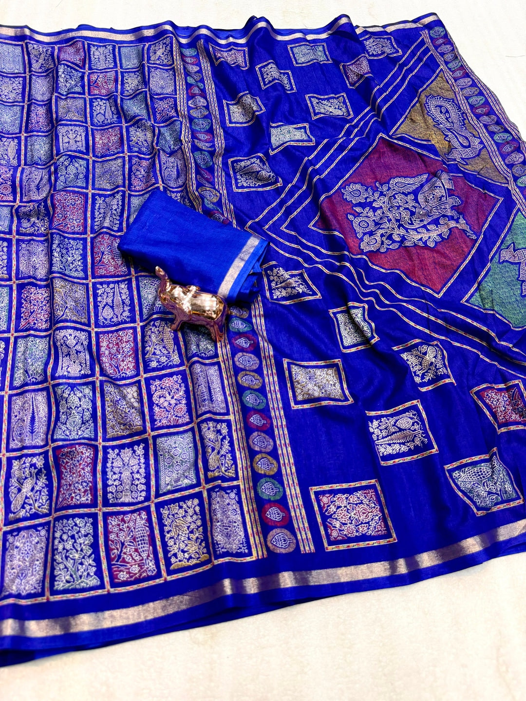 Peachmode Royal Blue Heritage Patchwork Printed Tussar Silk Saree With Zari Border - Image 2