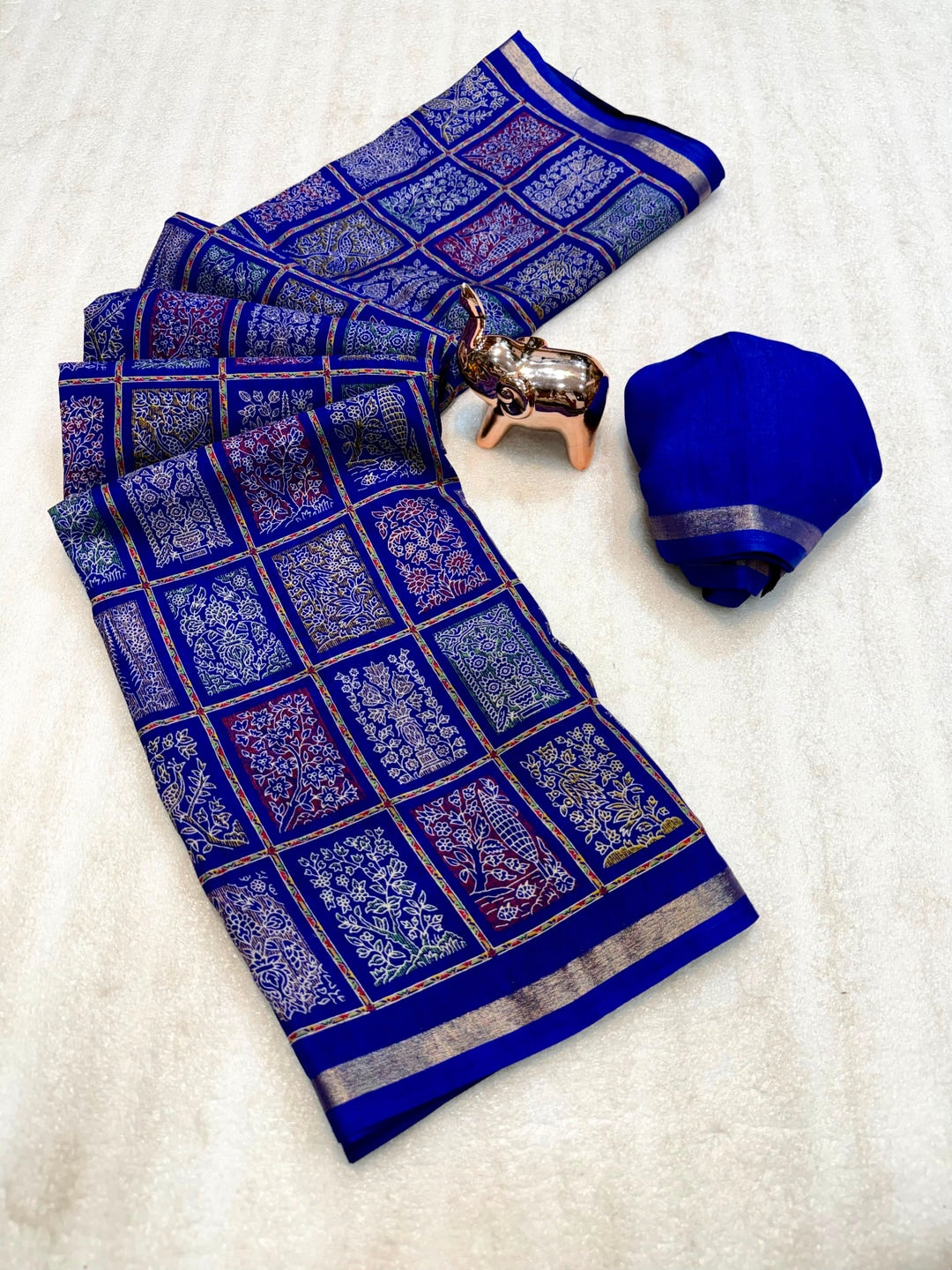 Peachmode Royal Blue Heritage Patchwork Printed Tussar Silk Saree With Zari Border - Image 3