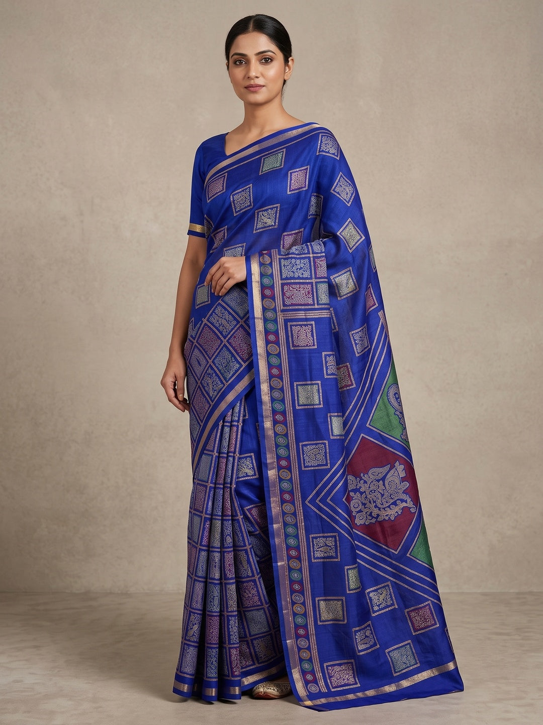 Peachmode Royal Blue Heritage Patchwork Printed Tussar Silk Saree With Zari Border - Image 1
