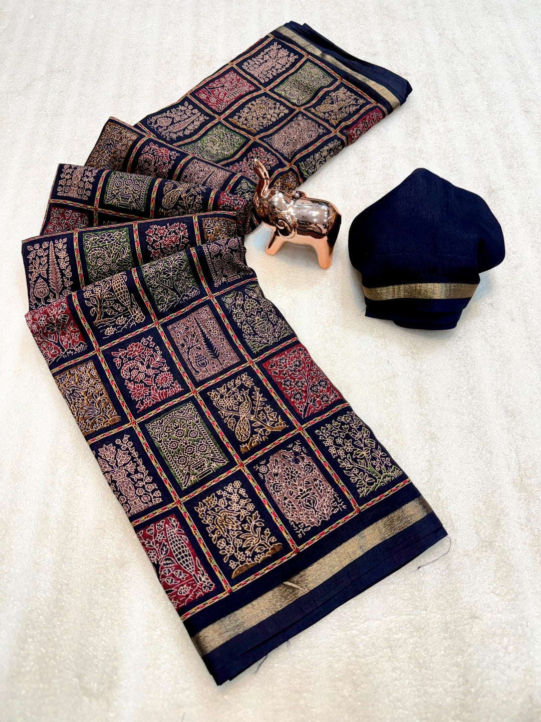 Peachmode Navy Blue Heritage Patchwork Printed Tussar Silk Saree With Zari Border - Image 3