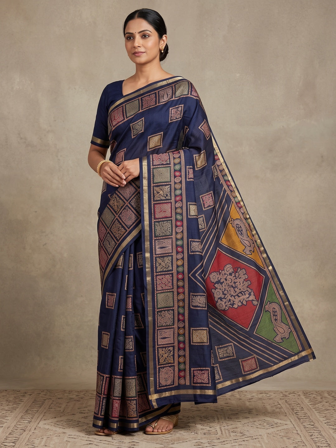 Peachmode Navy Blue Heritage Patchwork Printed Tussar Silk Saree With Zari Border - Image 1