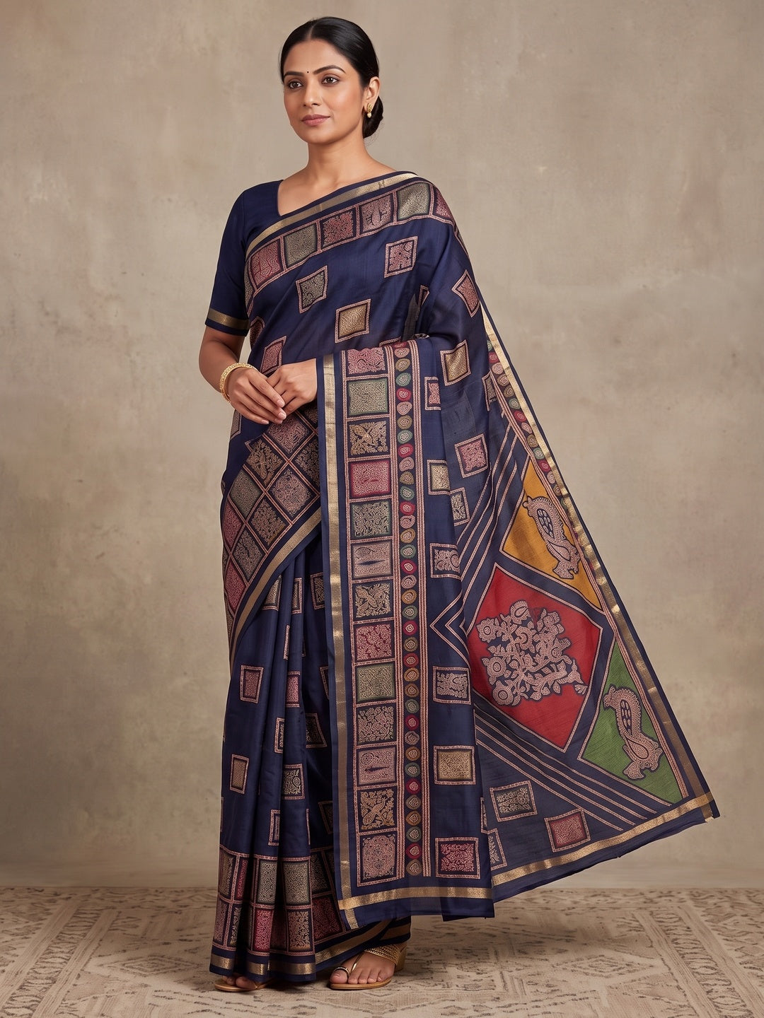 Peachmode Navy Blue Heritage Patchwork Printed Tussar Silk Saree With Zari Border - Image 4