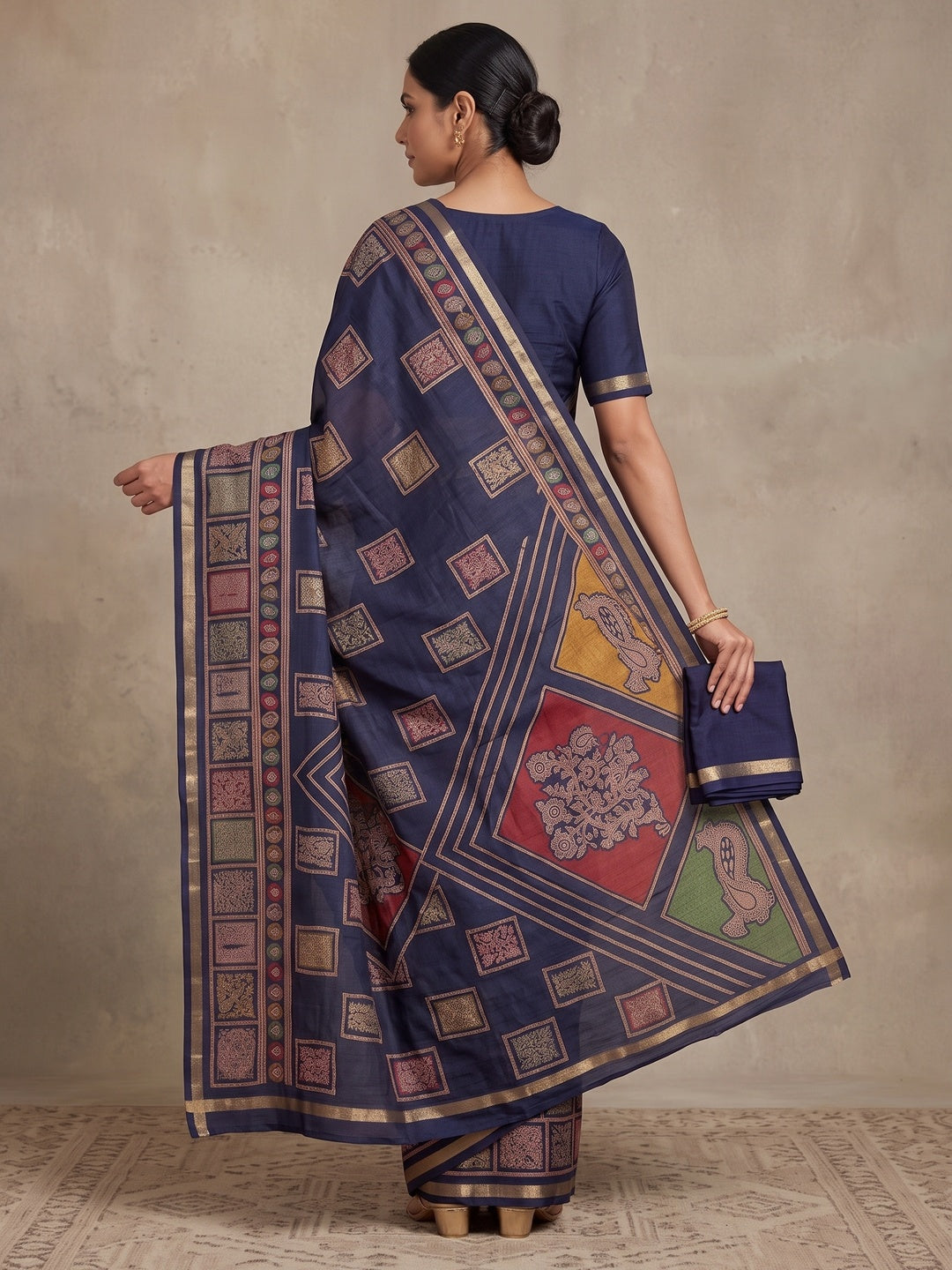 Peachmode Navy Blue Heritage Patchwork Printed Tussar Silk Saree With Zari Border - Image 5