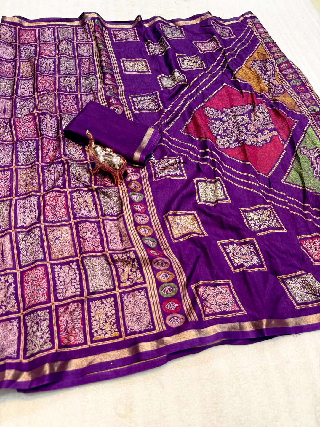 Peachmode Purple Heritage Patchwork Printed Tussar Silk Saree With Zari Border - Image 2