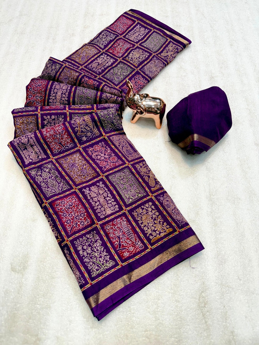 Peachmode Purple Heritage Patchwork Printed Tussar Silk Saree With Zari Border - Image 3