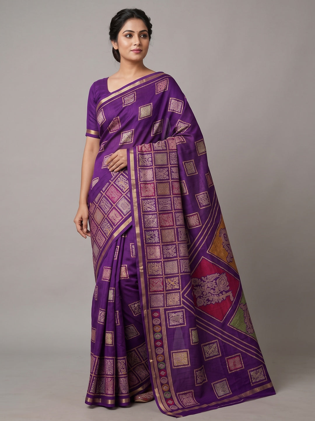 Peachmode Purple Heritage Patchwork Printed Tussar Silk Saree With Zari Border - Image 1
