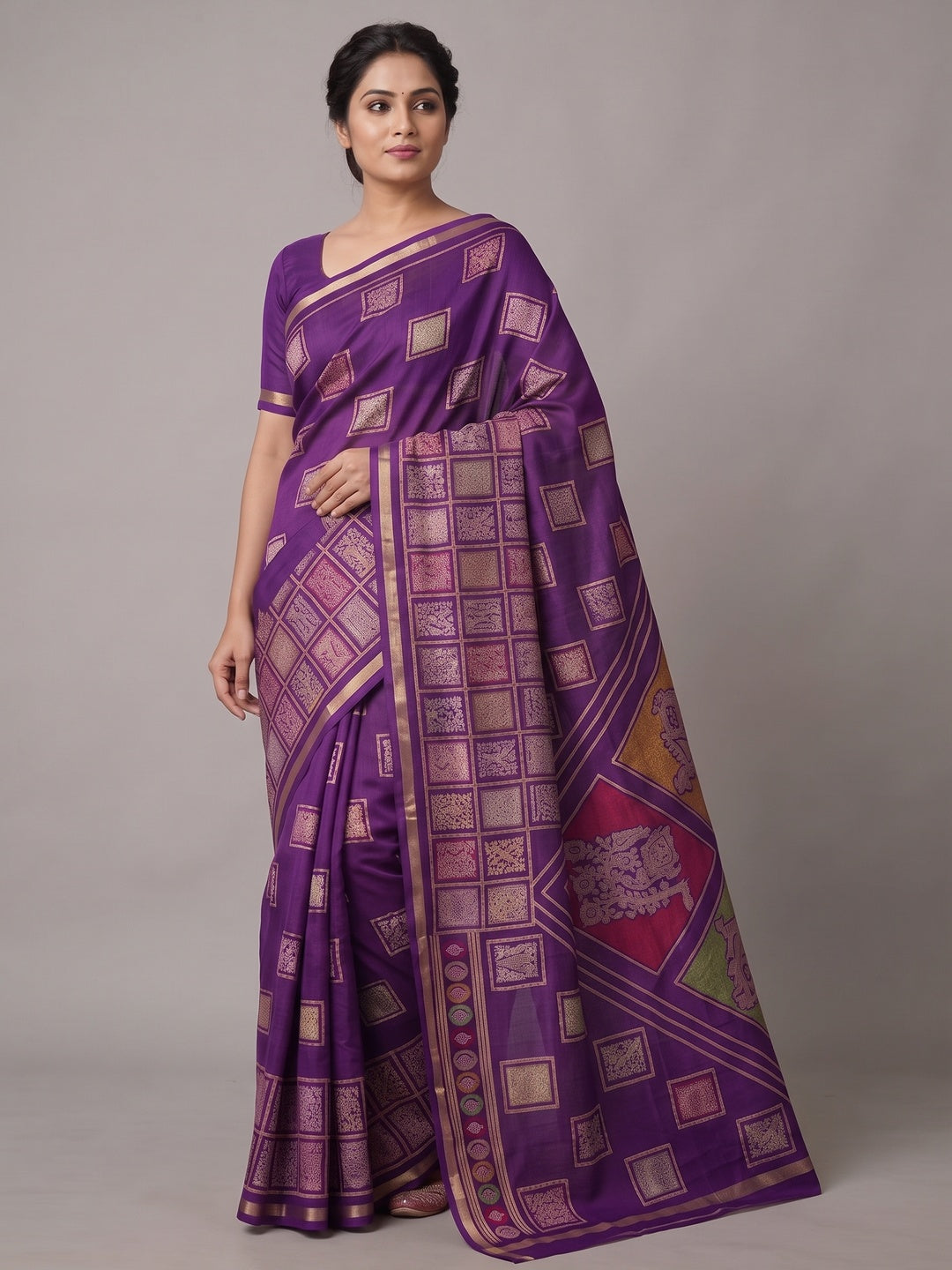 Peachmode Purple Heritage Patchwork Printed Tussar Silk Saree With Zari Border - Image 4